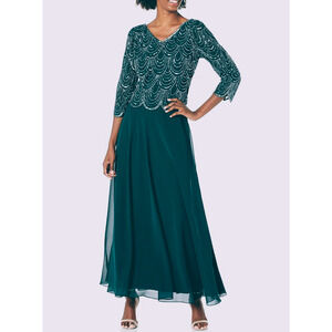 J Kara Women's V Neck Sleeve Scallop Beaded Top Long  Chiffon Maxi Dress size 6